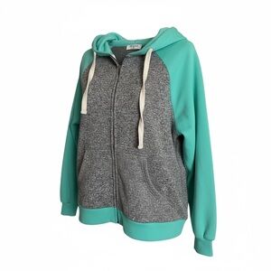 ZENANA zip up hoodie. Gray marl/turquoise. Size Medium
